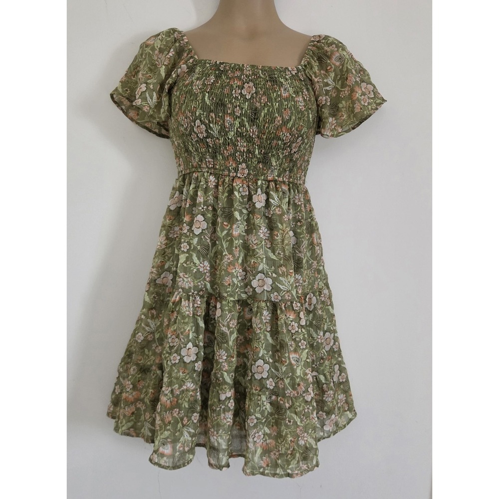 Rewind Green Floral Smocked Babydoll Mini Dress Cottagecore XS